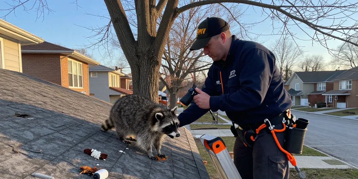 Raccoon Removal Toronto: Wildlife technician inspecting raccoon entry point on a suburban roof.