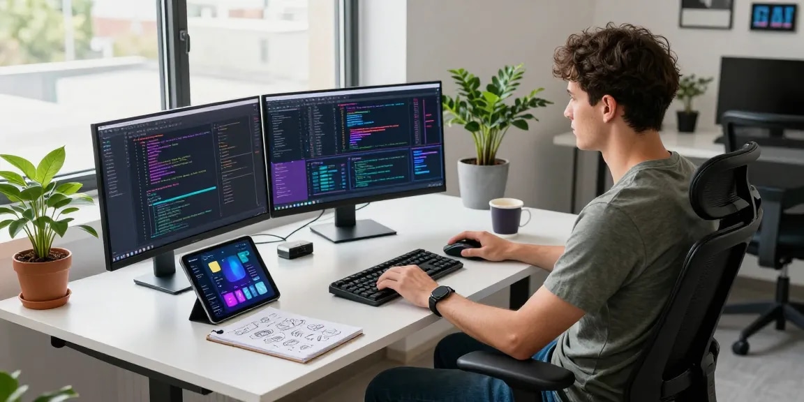 Focused software developer at modern workspace, integrating WPS Official Website tools for enhanced productivity.
