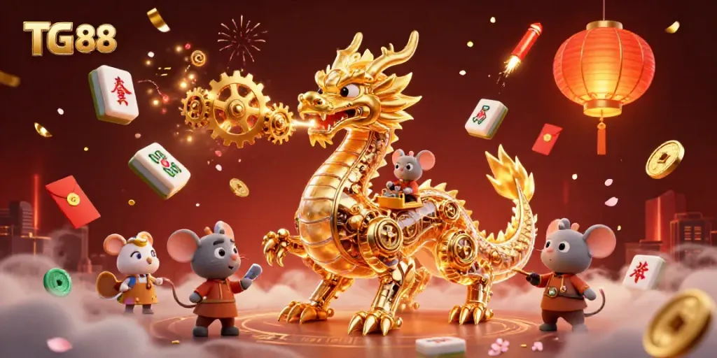 Engage with TG 88 as a golden dragon breathes gears and casino elements in a vibrant scene.
