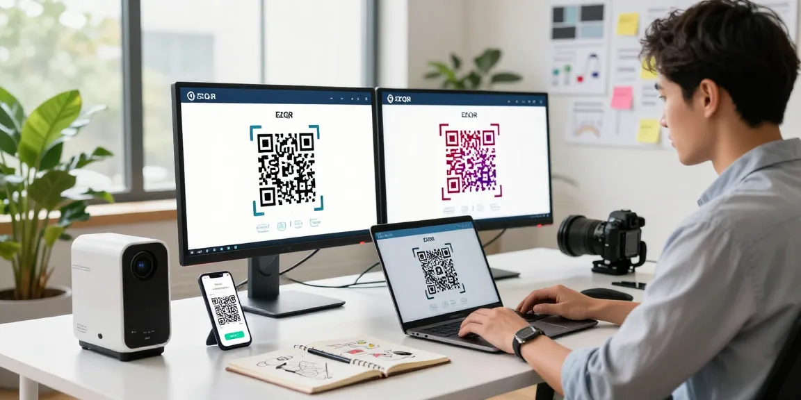 Creating dynamic QR codes in a modern workspace with vibrant designs and tech essentials.