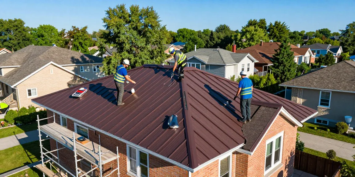 Expert team installing metal roofing Mississauga on a stylish home in vibrant neighborhood.