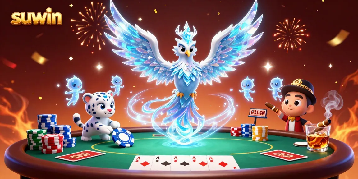Engage with suwin through a vibrant casino scene featuring an ice phoenix, poker elements, and energetic sprites.