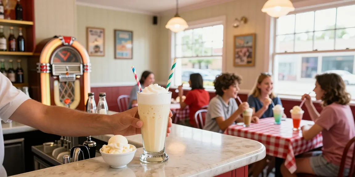 Refreshing cream soda served in a vintage soda shop with cheerful atmosphere and ice cream.