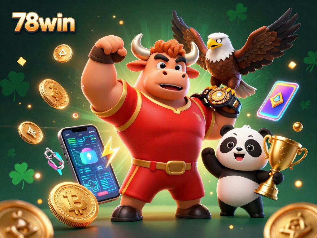 Bet on 78win and celebrate victory with the bull mascot, eagle, and panda in a vibrant casino scene.