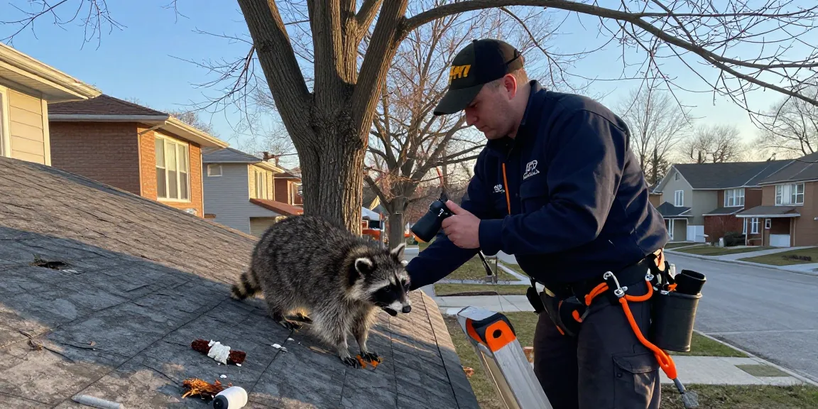 Raccoon Removal Toronto: Wildlife technician inspecting raccoon entry point on a suburban roof.
