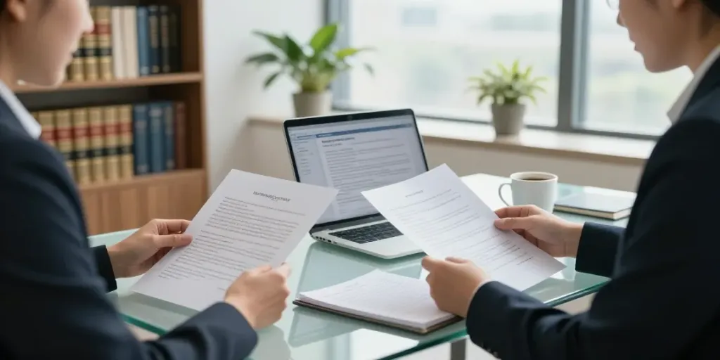 Legal consultation scene illustrating a detailed explanation of 조사 의뢰 전 확인할 법 기준을 설명한 글 in a professional setting.