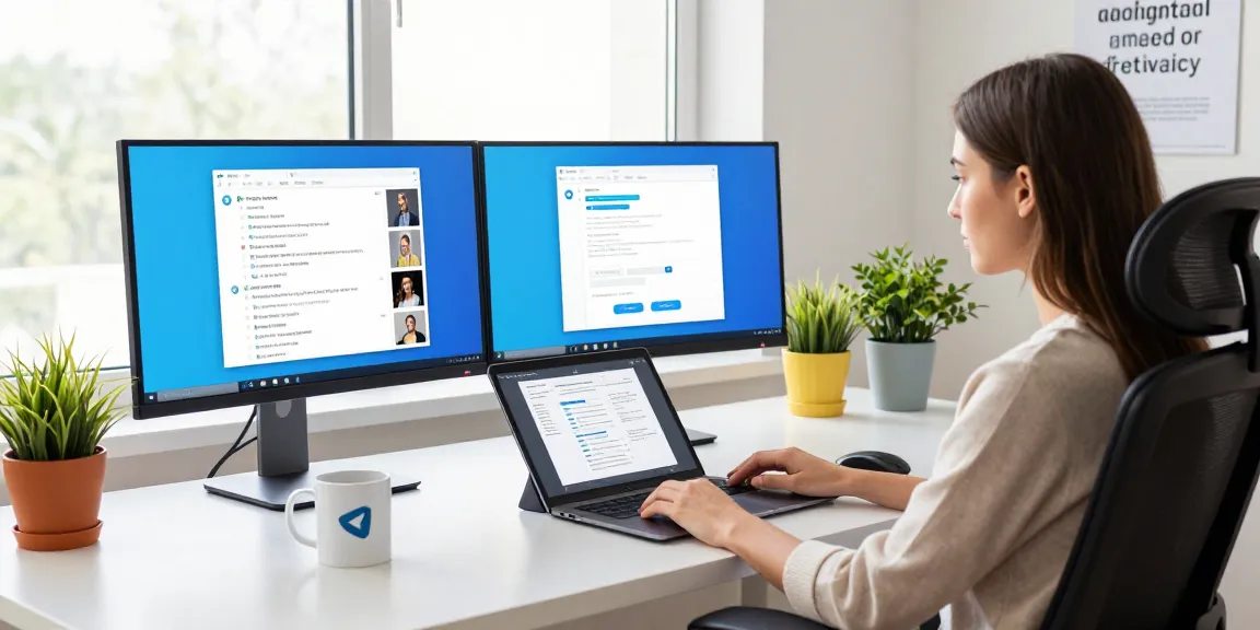 Experience seamless Telegram Download and setup in a modern tech workspace with chat screens and devices.