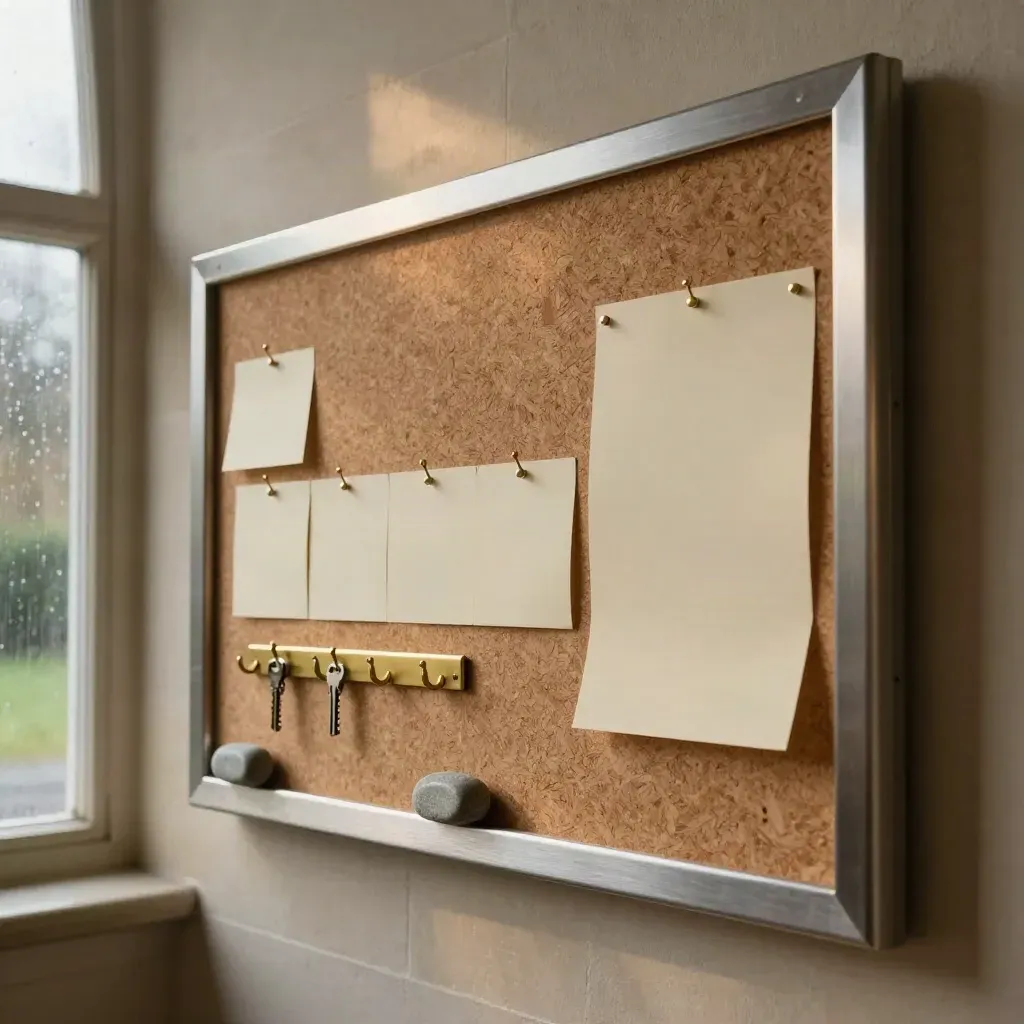 Towering village notice board with cork panels, brass pins, keys, and route cards in soft morning light.