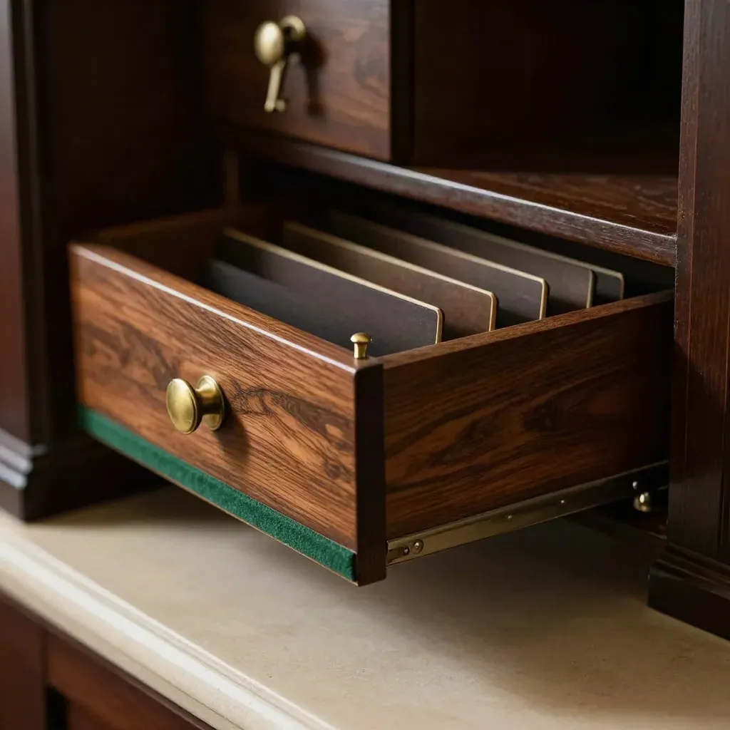 Walnut archive drawer with blank tabs and brass pin in dramatic light.