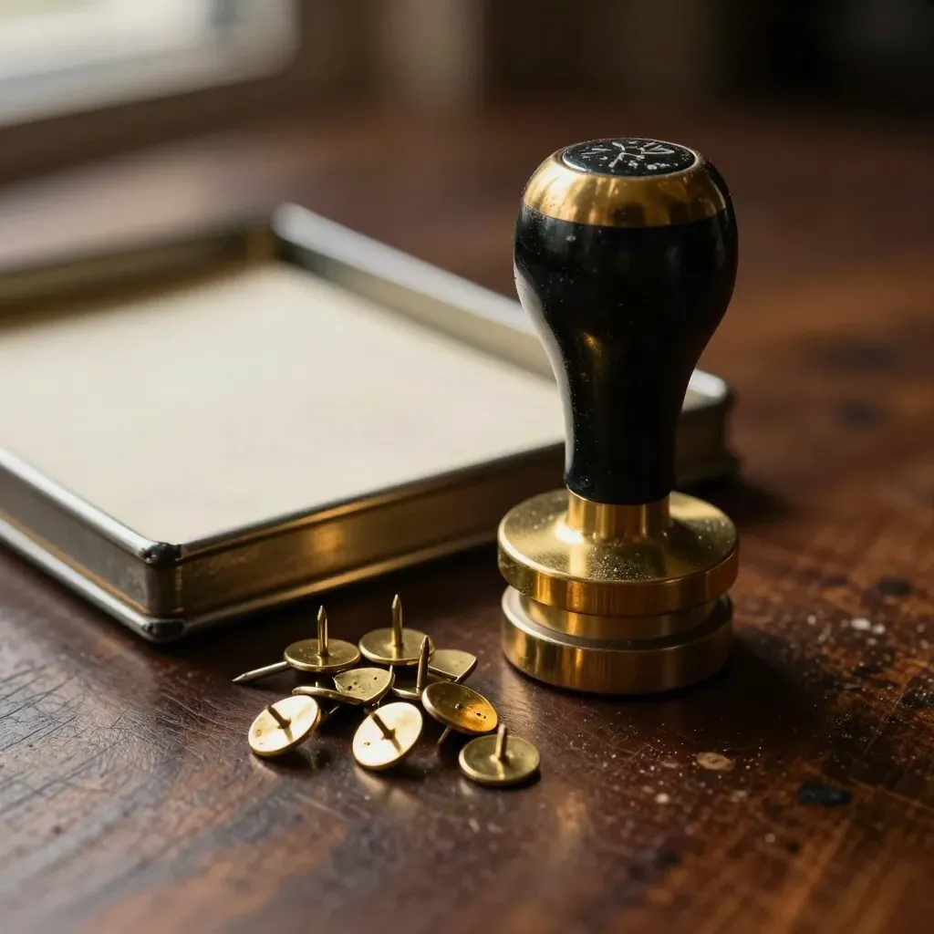 Brass municipal date stamp, pushpins, and memo tray on dark walnut in warm macro light