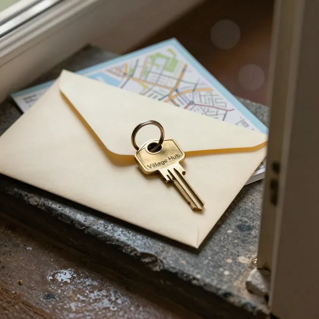 Brass key ring on a sealed welcome kit envelope beside a folded neighborhood map sleeve on dark stone.