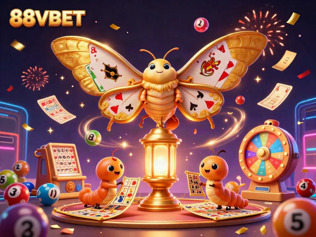 88VBET celebrates with vibrant casino symbols and a golden moth in a lively casino scene.
