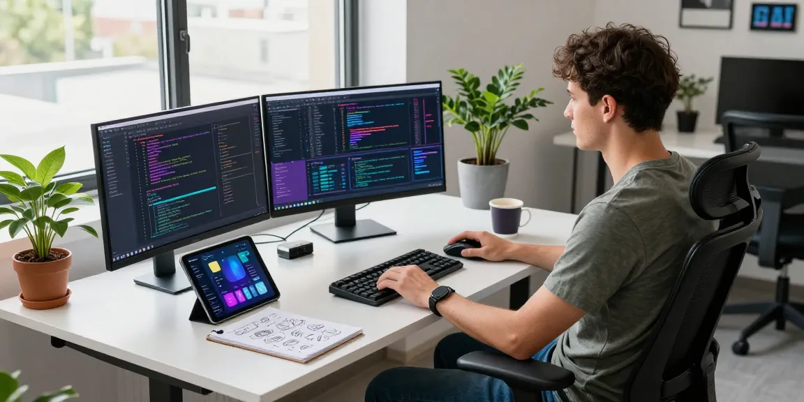 Focused software developer at modern workspace, integrating WPS Official Website tools for enhanced productivity.