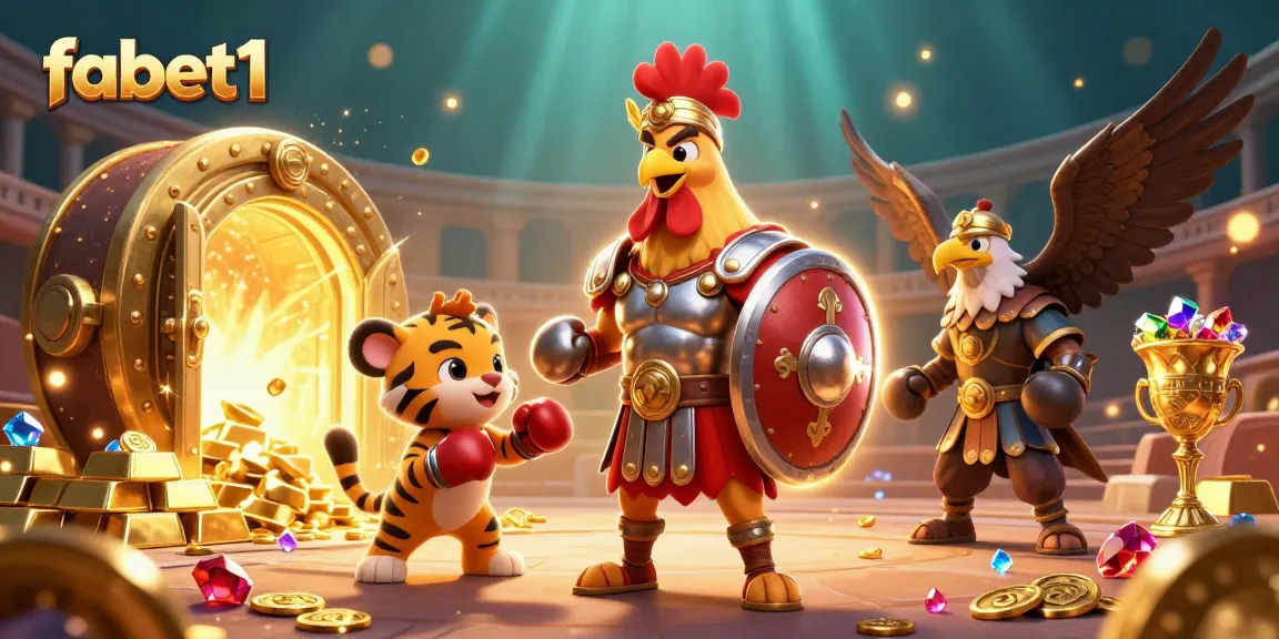 Experience thrilling gaming action with fabet1's vibrant casino scene featuring exciting 3D characters and sparkling treasure.