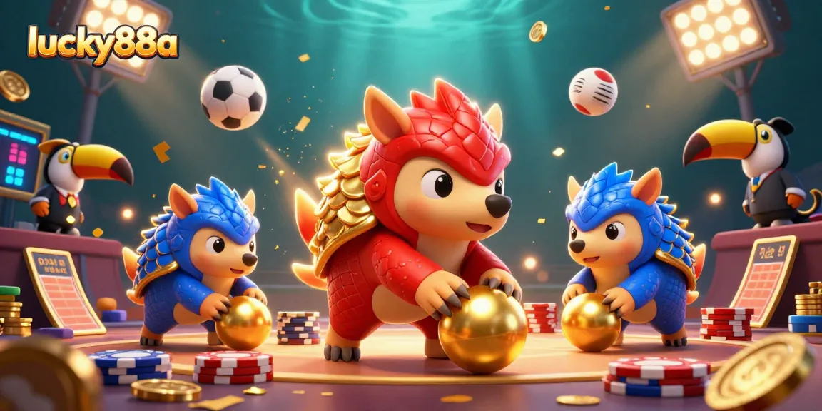 Lucky88a showcases an exciting scene of pangolin rivals rolling into golden balls, surrounded by casino elements.